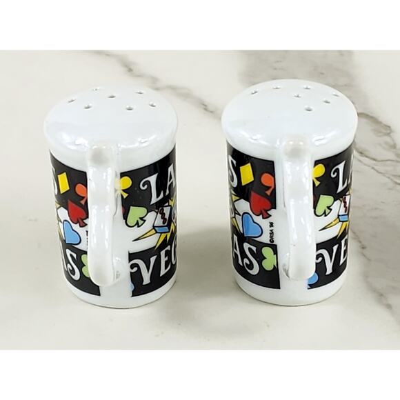 Salt & Pepper Shakers Las Vegas Souvenir 80s Porcelain 2 1/4" Cards Dice Design - Picture 5 of 12